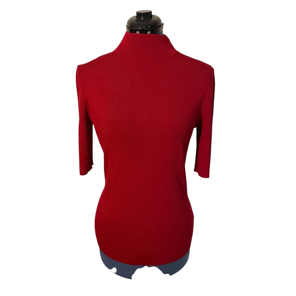 St. John Red Ribbed Wool Blnd Mock Neck 1/2 Sleeve Knit Top Minimalist Classic M